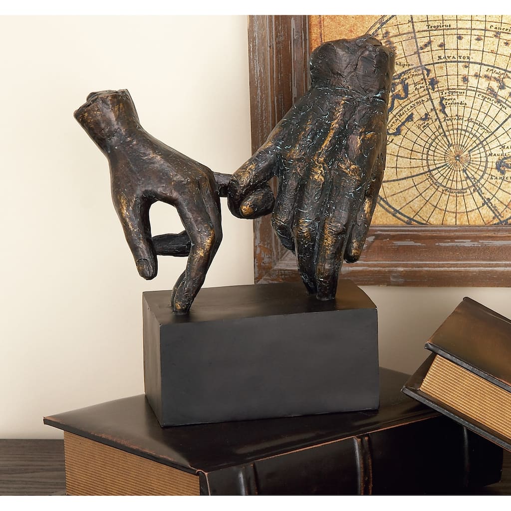 Black Polystone Weathered Patina Linked Hands Decorative Sculpture with Block Base and Gold Accents