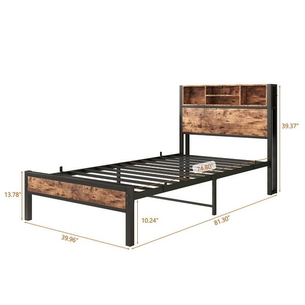 Twin Size Metal Bed Frame with Bookcase Headboard and Built-in Charging Station, Features Sturdy Construction