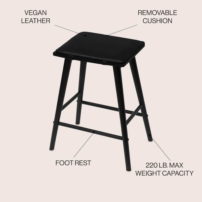 Saddle-Seat Solid Wood/Vegan Leather Backless Stool with Removeable Cushion, By JONATHAN Y