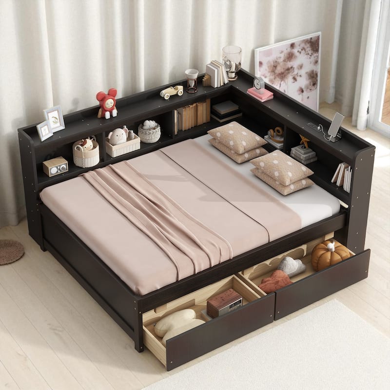 Full Size Bed with L-Shaped Bookcases, Power Outlets, USB Ports and 2 Storage Drawers