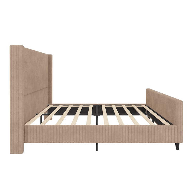 Corduroy Upholstered Bed Frame Vertical Stripe Wingback Bed wFootboard