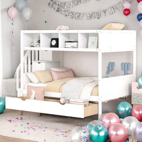 slide 2 of 27, Modern Multi-function Twin over Full Bunk Bed With Shelfs,Storage Staircase and 2 Drawers,Sturdy Frame for Kids White