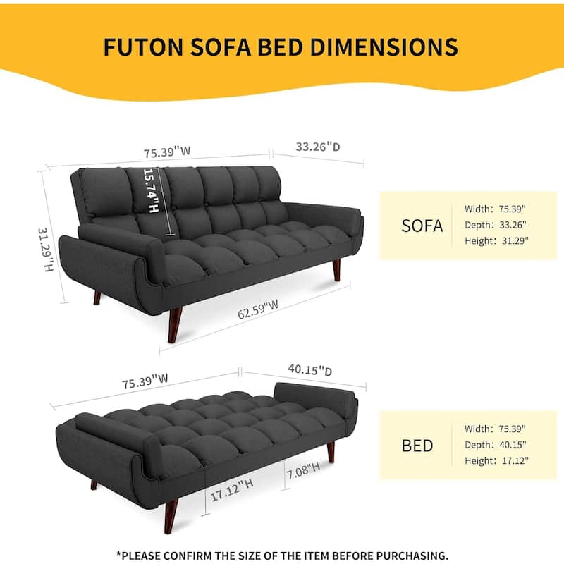 75.39 INCH Futon Sofa Bed, Convertible Folding Futon Couch Recliner Lounge For Living Room With 2 Pillow/Armrest