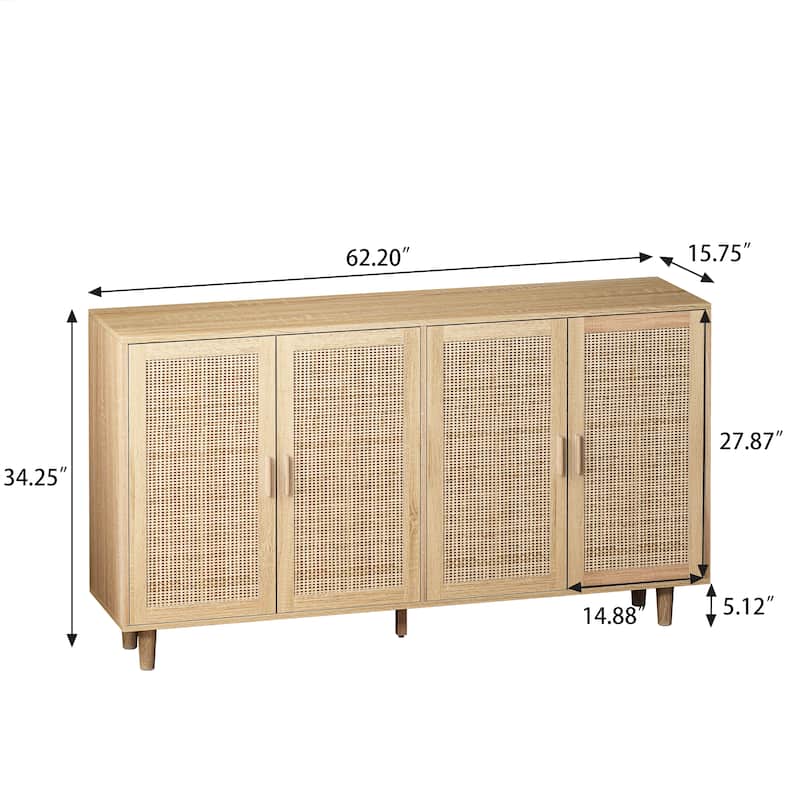62.20" Modern Rattan Decorative Storage Cabinet with Solid Wood Legs, 4 Doors, Adjustable Shelves Versatile for Home and Office