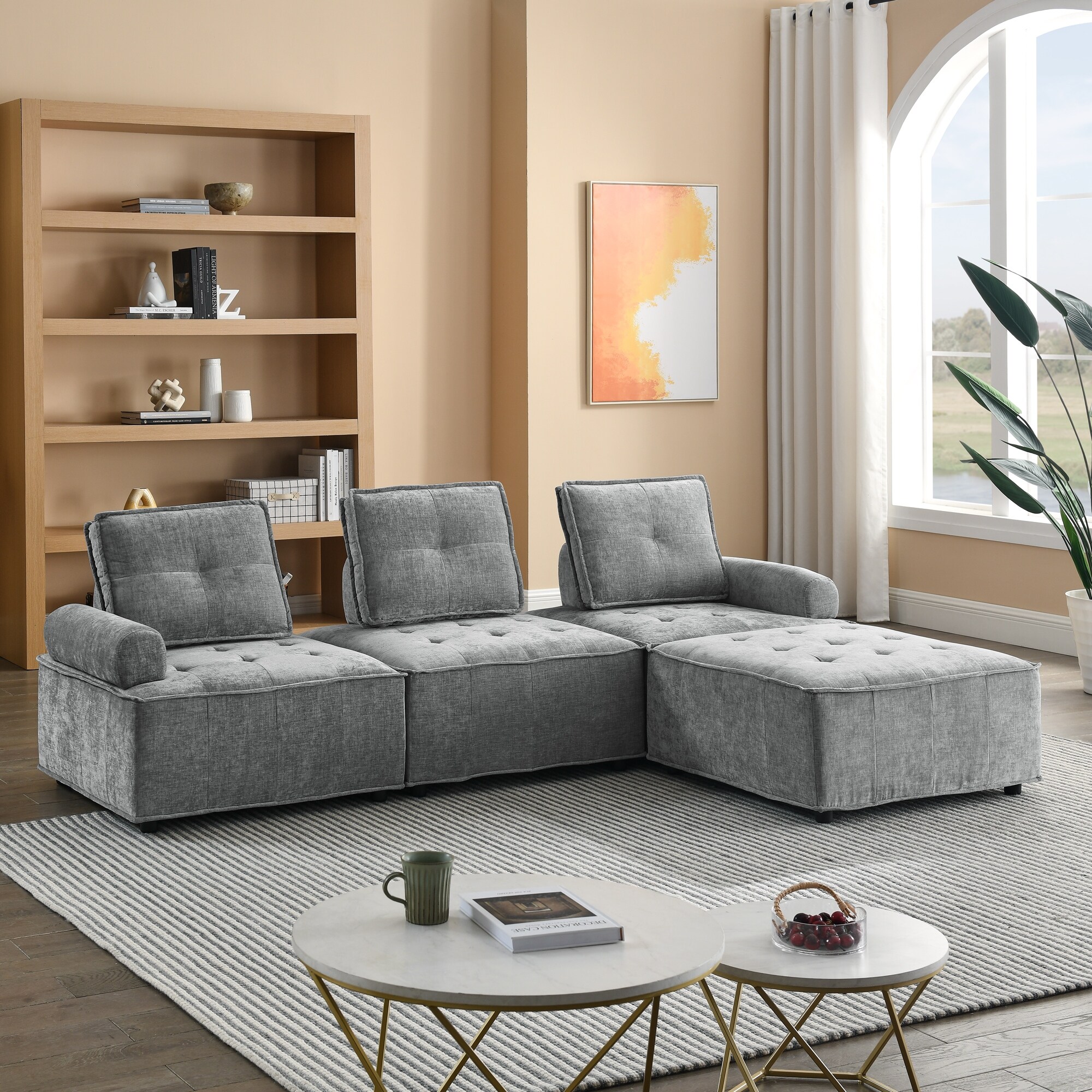 L Shape Chenille Sectional Sofa with Solid Hardwood Frame for