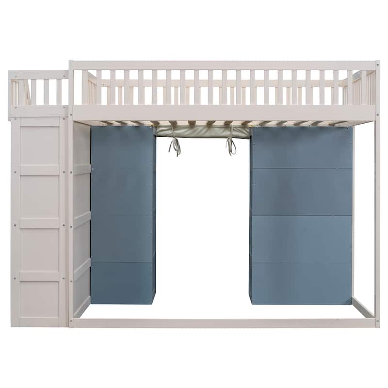 Full Size Loft Bed with 2 Four-Layer Racks and Storage Staircase, Wooden Bed Frame with Curtain and Storage Cabinets
