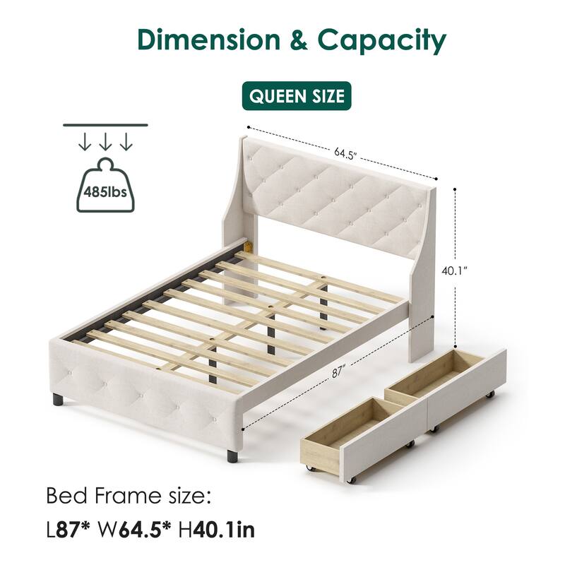 Queen Size Metal Platform Bed with Storage Headboard, Silent Mattress Foundation, No Box Spring Needed