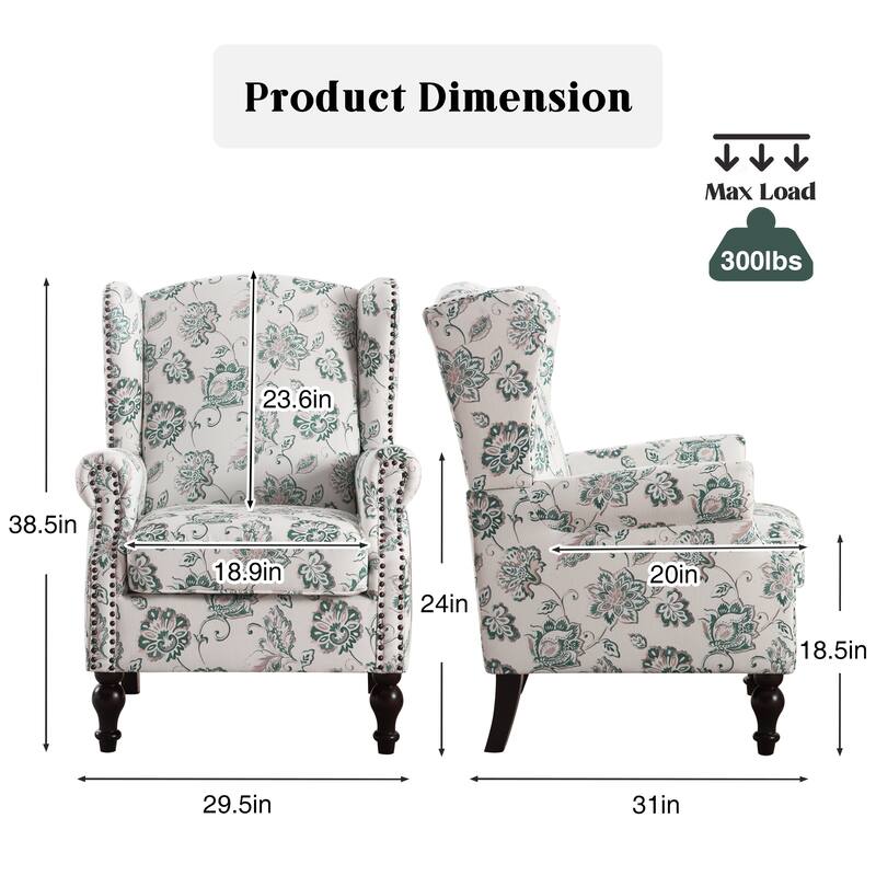HOMYKA 29'' Wide Floral Pattern Wingback Accent Armchair with Nailhead Trim