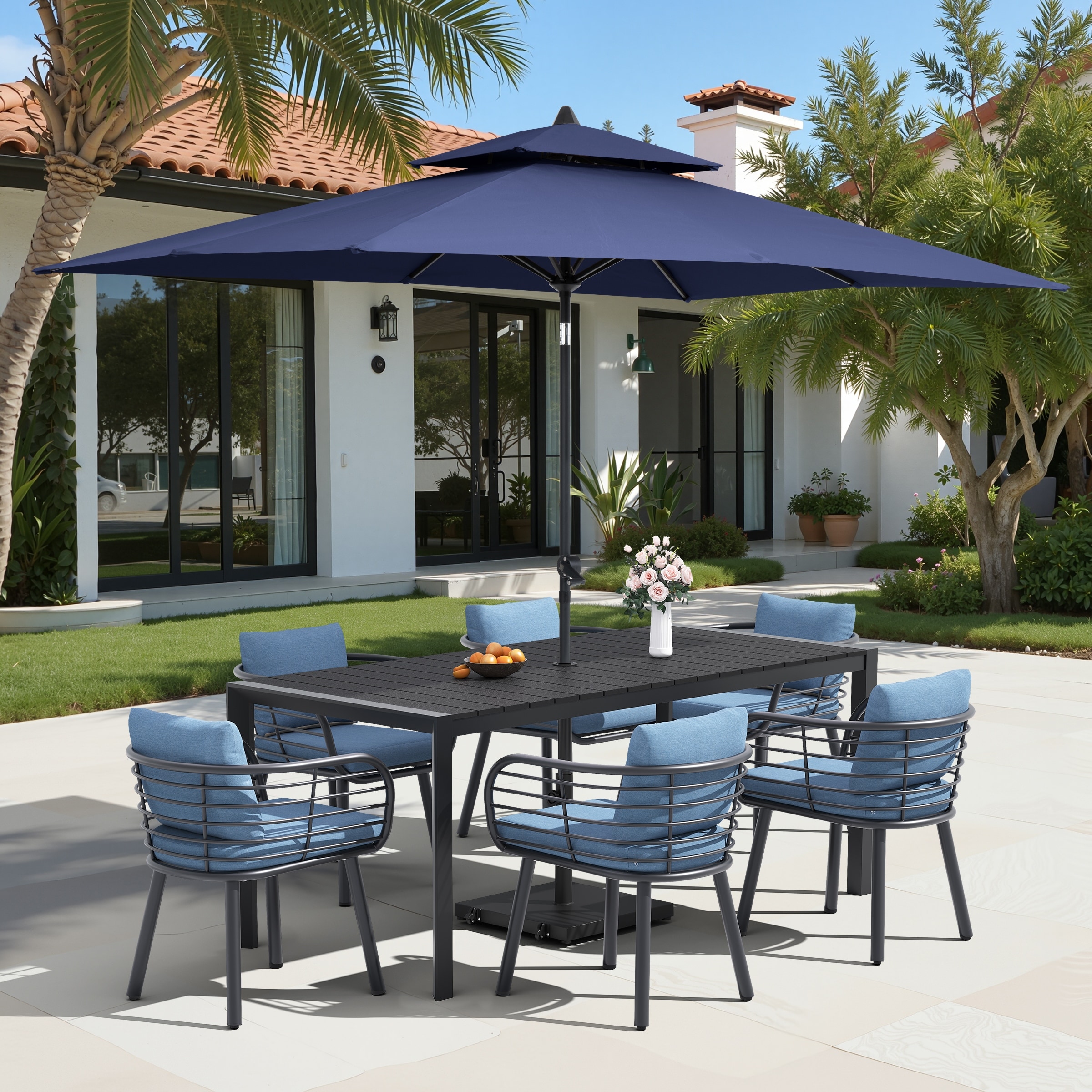 9/11-Piece Outdoor Dining Set w/10 ft Umbrella and Base Aluminum Dining Table and Chairs with Sunbrella Cushions