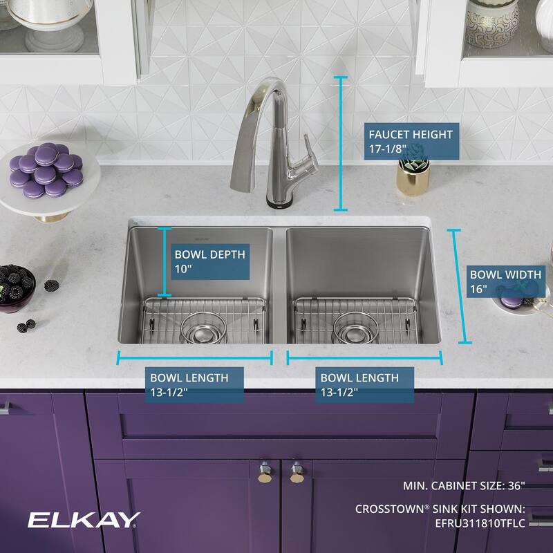 Elkay Crosstown 16 Gauge Stainless Steel, 30-3/4" x 18-1/2" x 10" Equal Double Bowl Undermount Sink Kit with Filtered Faucet