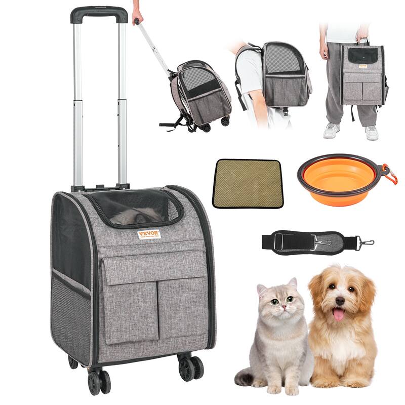 VEVOR Cat Carrier with Wheels Rolling Pet Carrier with Telescopic Handle and Shoulder Strap