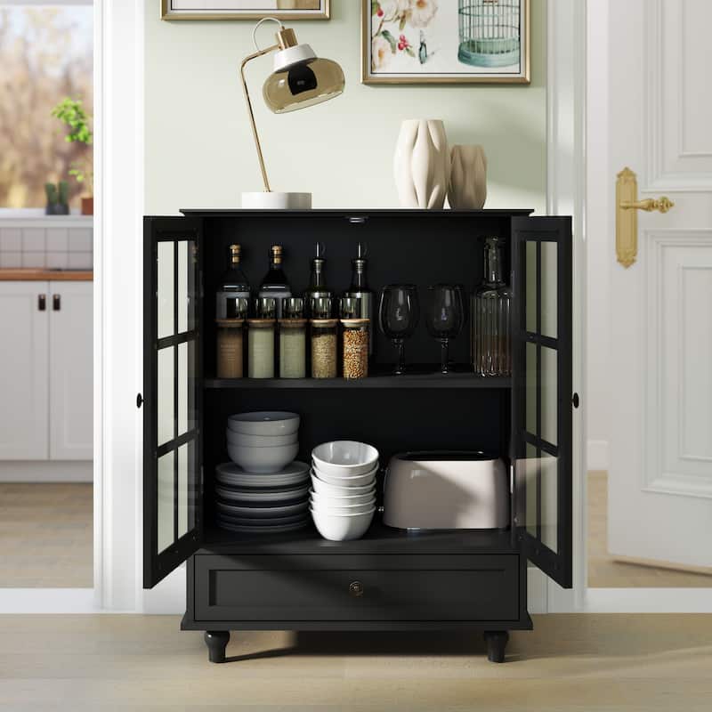 Buffet Cabinet with Double Glass Doors, Wooden Storage Cabinet, Sideboard Cupboard with Adjustable Shelves