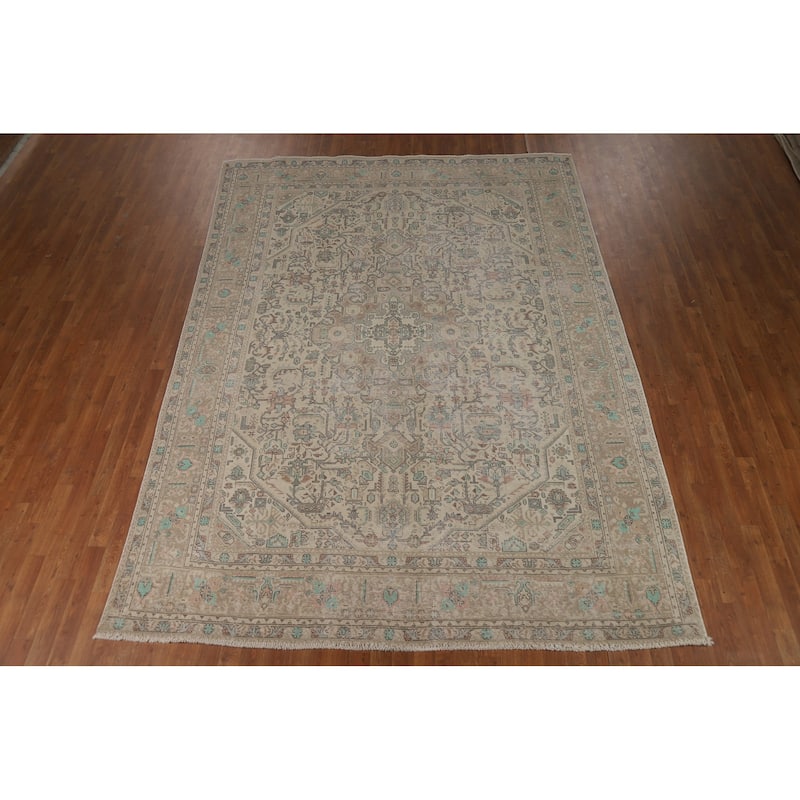 Geometric Beige Tabriz Persian Area Rug Handmade Wool Carpet - 8'0"x 11'0"