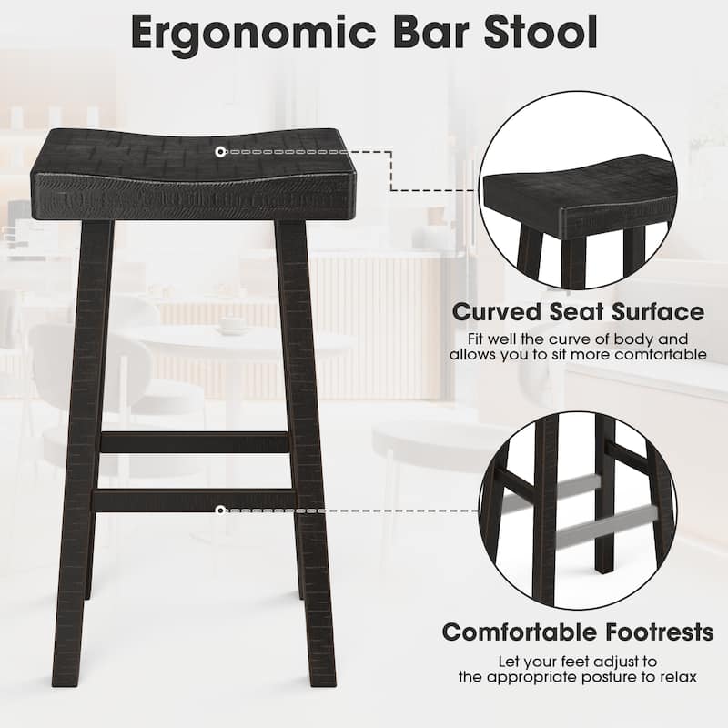 31" Antique Black Solid Wood Backless Saddle Counter Height Bar Stool Set of 2