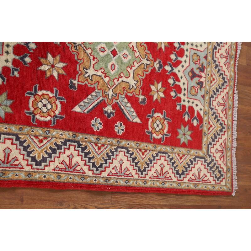Geometric Kazak Runner Rug Handmade Red Wool Carpet - 2'11" x 9'8"