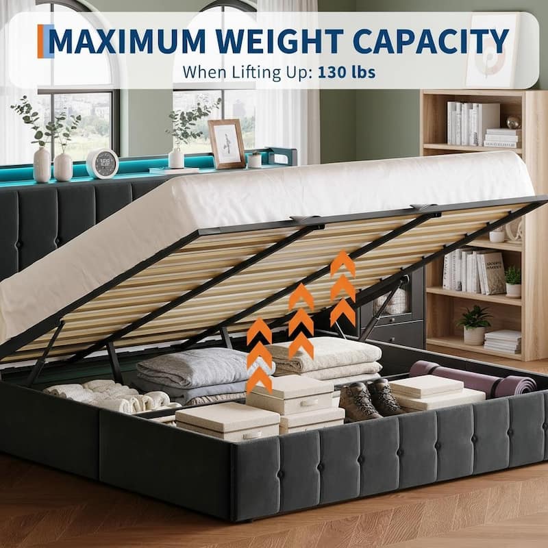 Bed Frame with Lift Up Storage and Charging Station