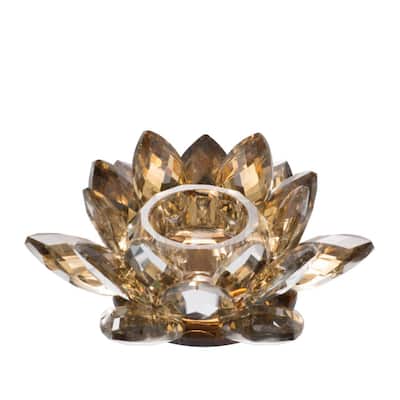 Large Crystal Glass Lotus Candle Holder - 8.75" - Gold