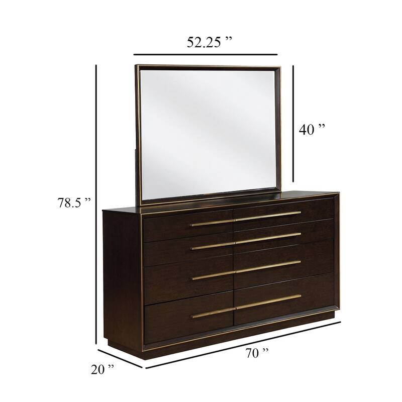 Lyni Wide Dresser with Mirror, 8 Drawers, Metal Handles, Brown Wood