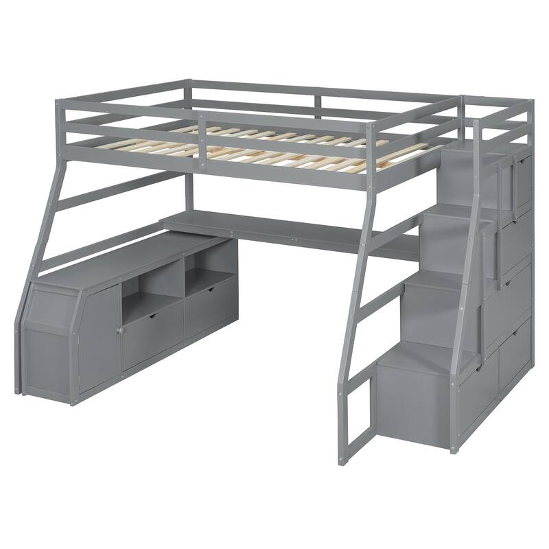 Twin/Full Size Loft Bed with 7 Drawers, 2 Shelves, and Desk for Children's Bedrooms, Small Space, Pinewood Frame