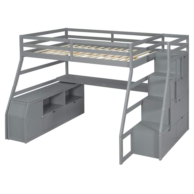 Wood Loft Bed with 7 Drawers 2 Shelves, Ladder and Desk for Kids, Bedroom