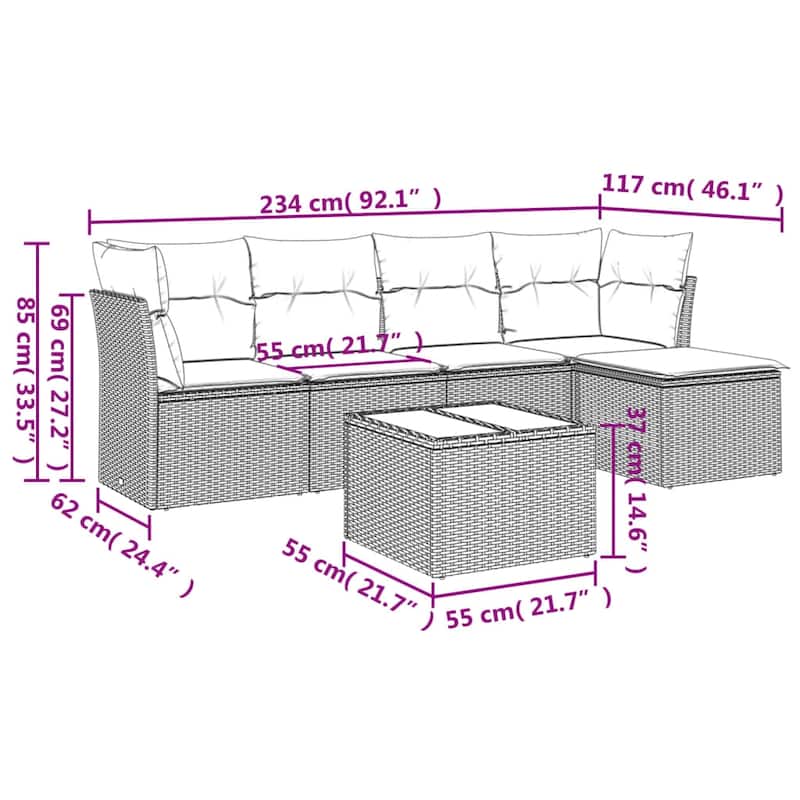 vidaXL 5 Piece Patio Sofa Set with Cushions Black Poly Rattan