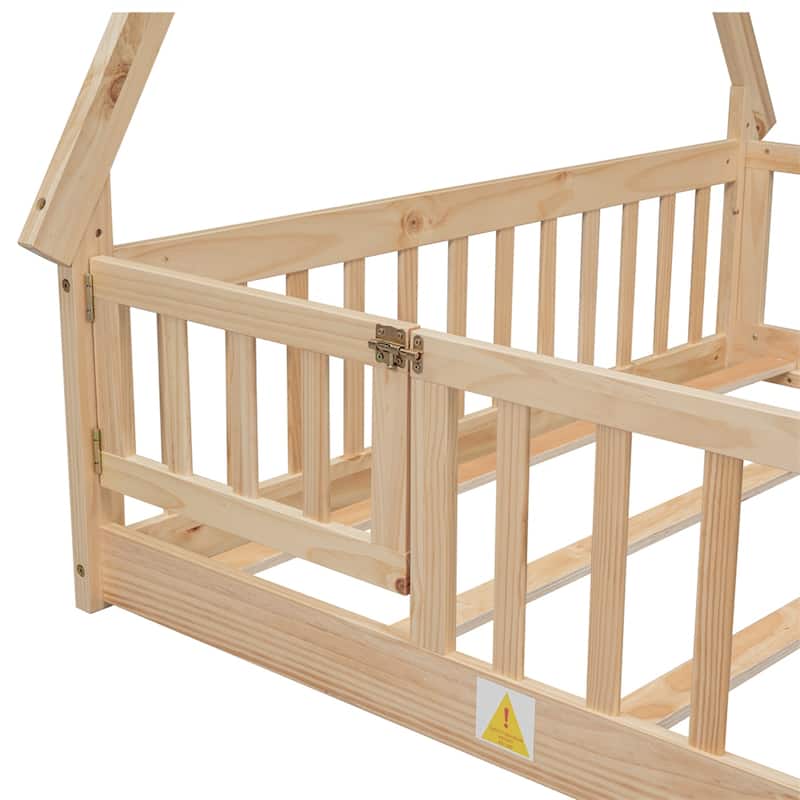 Full Tent-shaped Floor Bed,with Guardrails,Slats,Door
