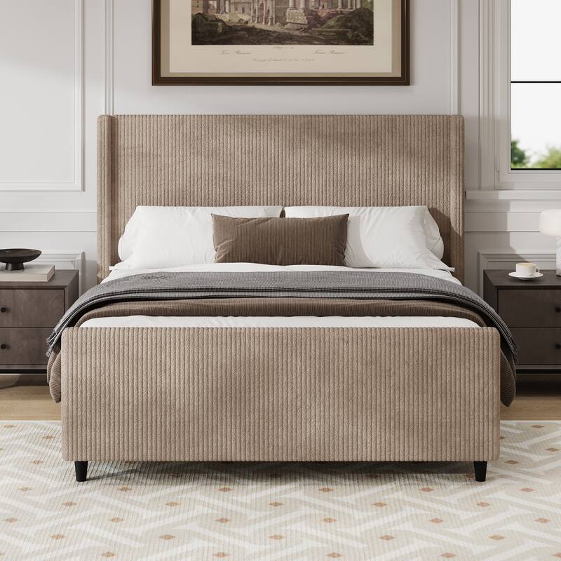 Queen/King Corduroy Bed Frame with 50.7'' Tall Headboard, Upholstered Platform Bed w/Vertical Stripe Wingback & High Footboard - Taupe - Queen