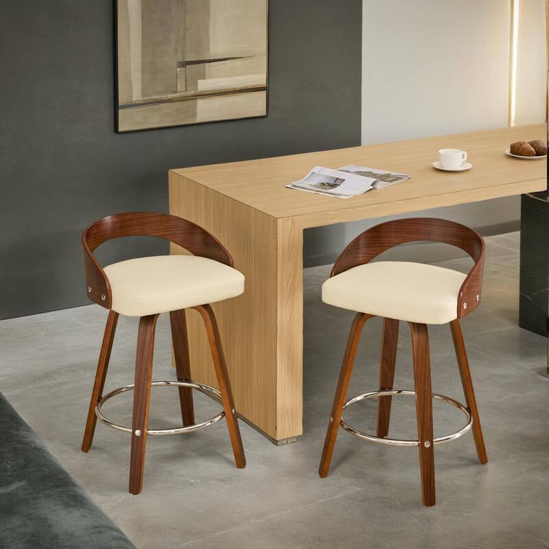 Bar Stools Set of 2, Swivel Bar Height Stools with Low Back, Wood Bar Chairs with Soft Cushion Seat, 25-Inch Seat Height