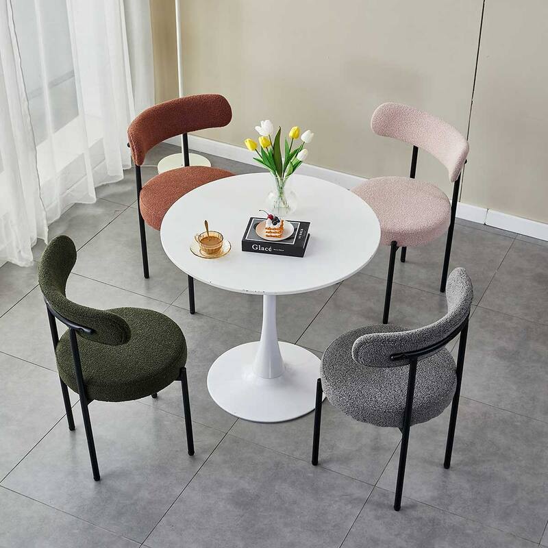 Boucle Dining Chairs Set of 2, Round Upholstered Kitchen Side Chairs, Lounge Chair with Curved Backrest & Metal Legs
