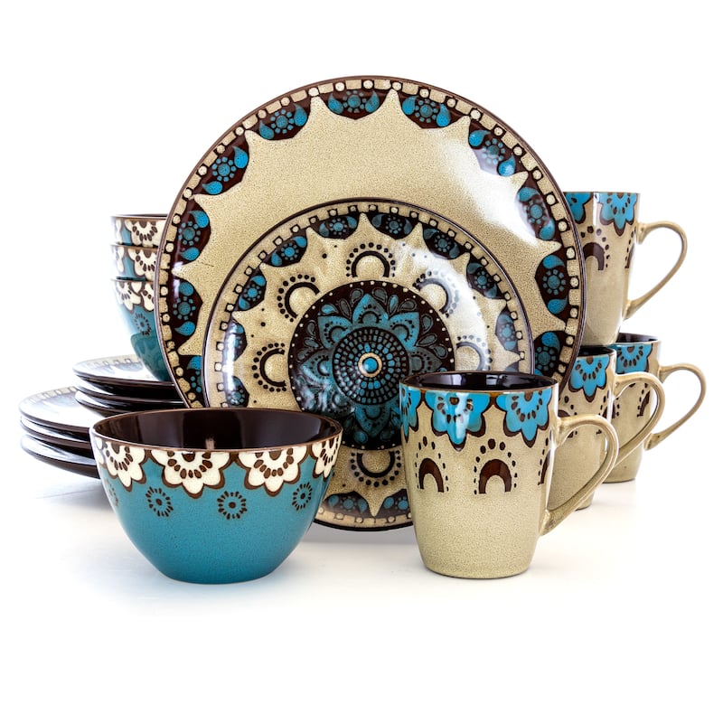 Elama Sandstone Mandala 16 Piece Round Stoneware Dinnerware Set