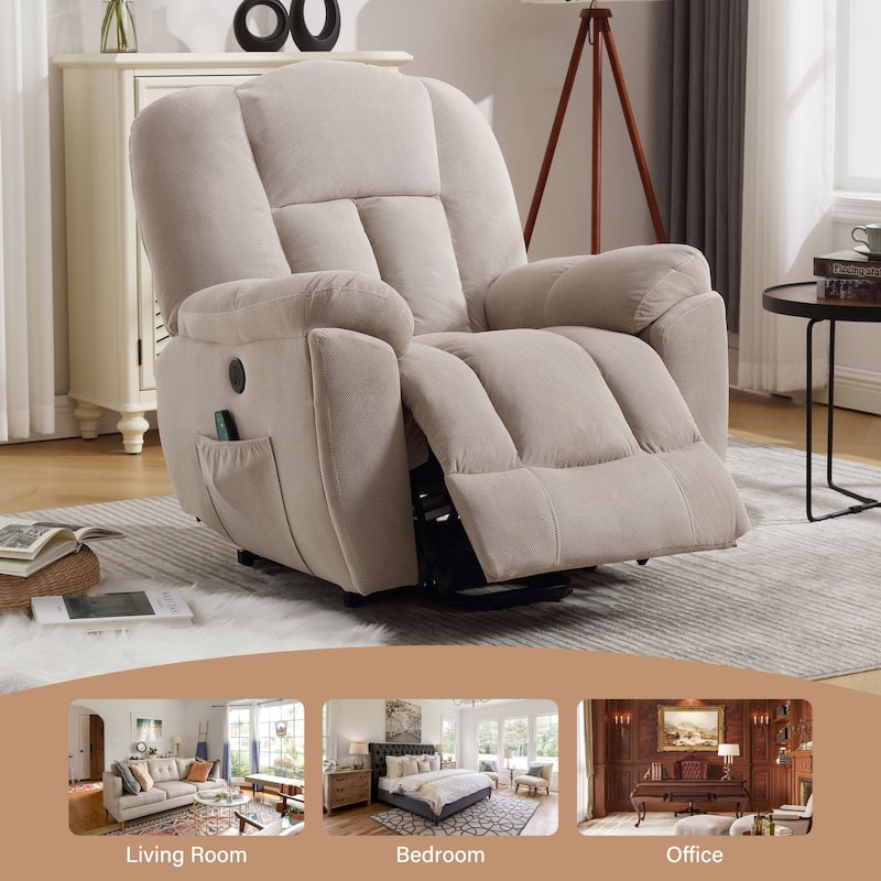 Grey Lift Recliner for Seniors with Heated Massage, USB Port, Side Pockets, and Durable Fabric Upholstery