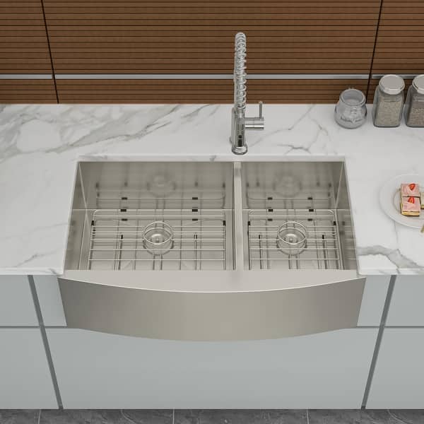 Stainless Steel Apron Front Kitchen Sink 18 Gauge with Two 9IN Deep Basin,Double Bowl Farmhouse Sink