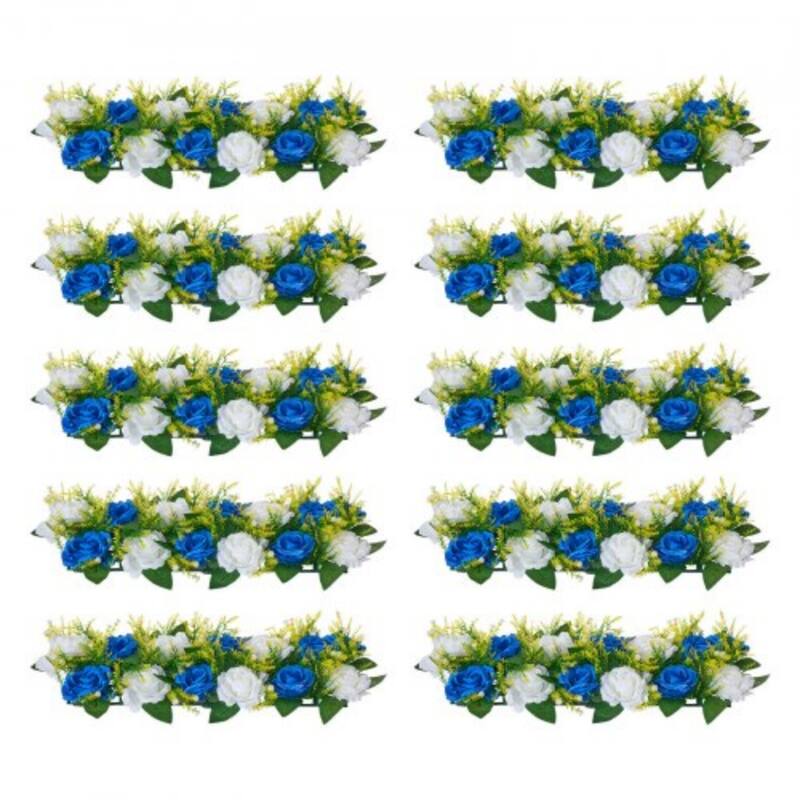 Blue-White Silk Rose Linear Centerpieces Set of 10 with Stable Base - 19.7 x 8.7 x 4.27 inch