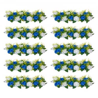Blue-White Silk Rose Linear Centerpieces Set of 10 with Stable Base - 19.7 x 8.7 x 4.27 inch