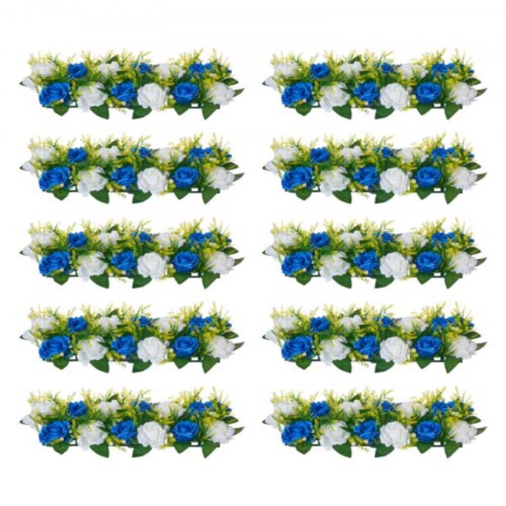 Blue-White Silk Rose Linear Centerpieces Set of 10 with Stable Base - 19.7 x 8.7 x 4.27 inch