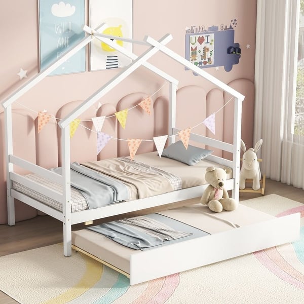 slide 2 of 19, Twin Size House-Shaped Bed with Trundle White