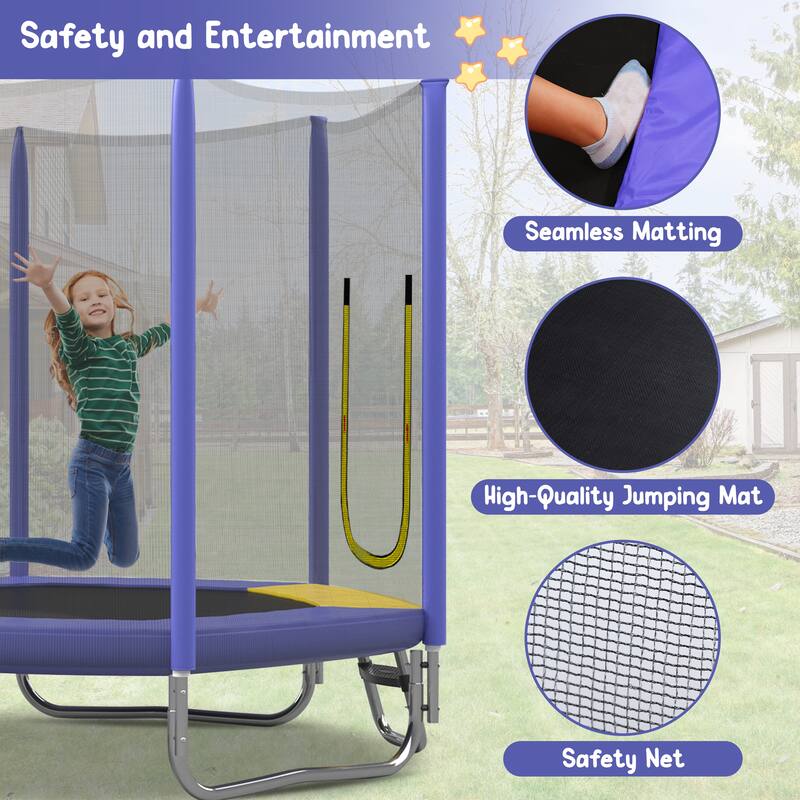 7FT Trampoline with Safety Enclosure Net, Slide and Ladder, Easy Assembly ,Regular Hexagon Outdoor Recreational Trampoline