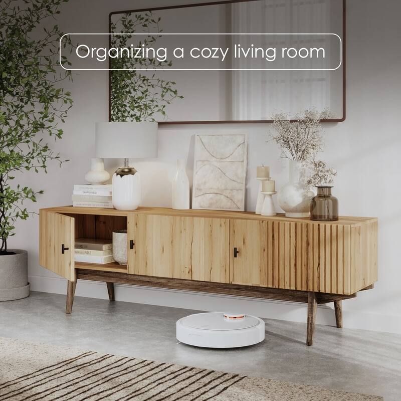 Living Skog Chelsea Brown TV Stand Fits for TV's up to 65 in. with Slatted Design and Wood Legs