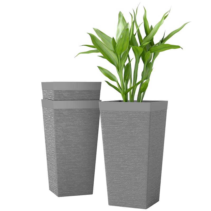 Outsunny 22.8 Inch Tall Planters for Outdoor Plants, Set of 3 Plastic Flower Pots with Stone Finish and Wheels
