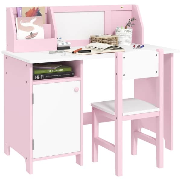 slide 2 of 10, Toddler Desk and Chair Set, Kids Writing Desk Study Table for Children with Whiteboard, Storage Cabinet, Child Furniture - Pink Pink