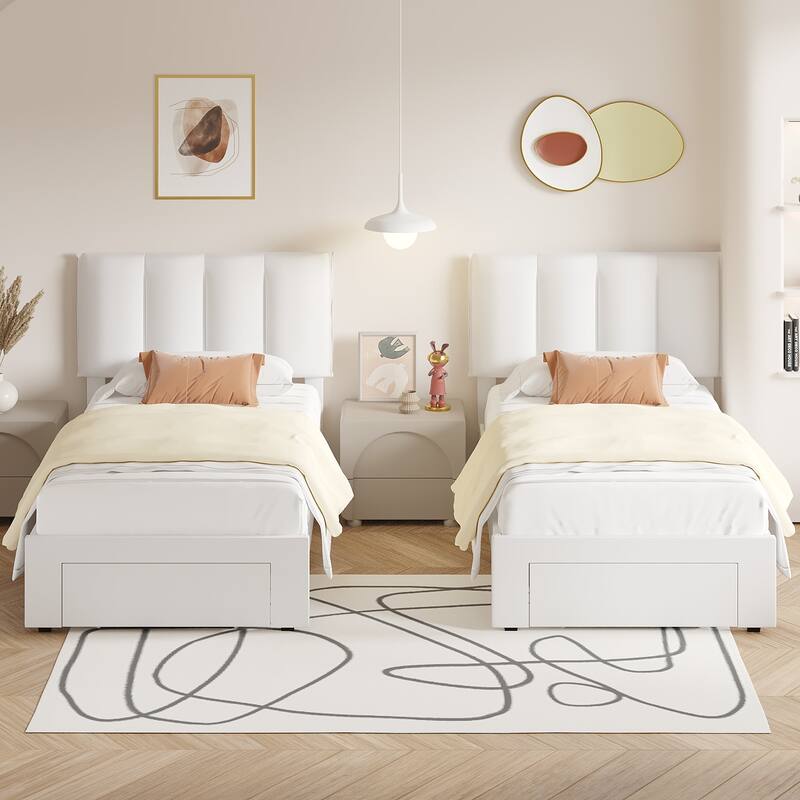 White Bed Frame with 4 Storage Drawers, Upholstered Platform Bed Frame with Adjustable Headboard