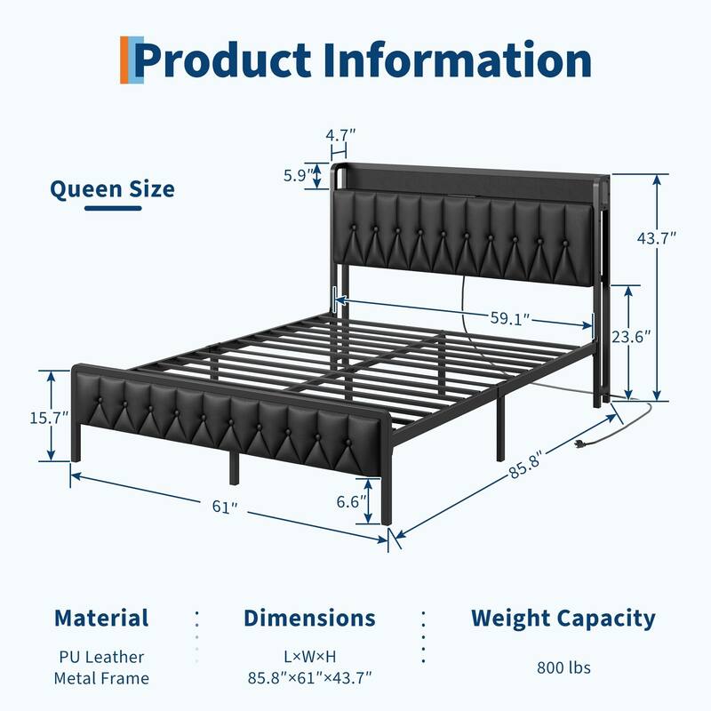 All-Metal Platform Bed Frame, with Button Headboard and Charging Station