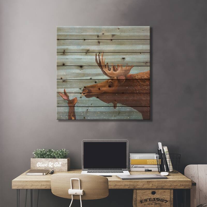 Moose and Rabbit Print On Wood by Lucia Stewart - Multi-Color