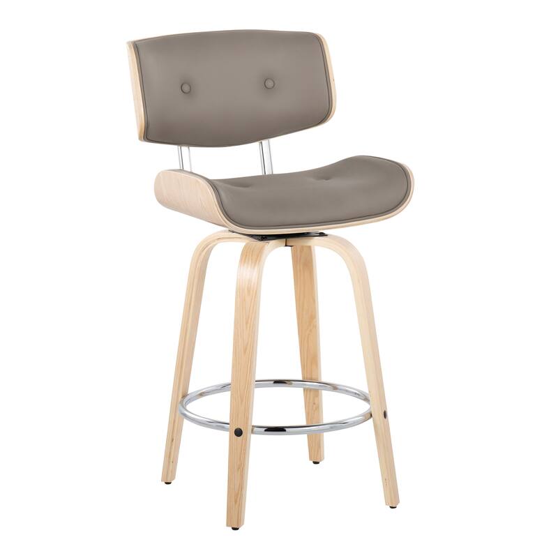 Carson Carrington Leksand 26" Fixed-Height Counter Stool with Bent Wood Legs (Set of 2) - Light Grey Faux Leather/Natural/Chrome