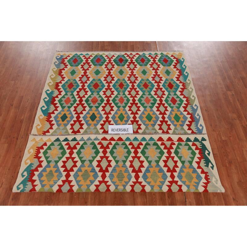 Hand Woven Oriental 100% Wool Carpet Southwestern Geometric Multi-Colored Kilim Area Rug - 8' 7'' X 6' 0''