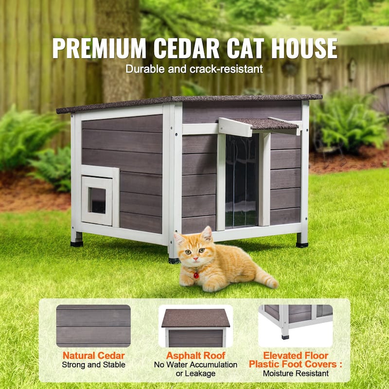 Grey Wooden Outdoor Cat Shelter with Roof Door Flaps and Window Suitable for Any Small Pets - 24" x 21" x 18"