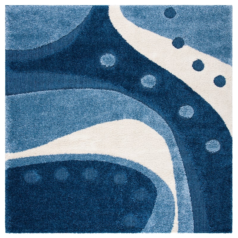 SAFAVIEH Florida Shag Wakaba Abstract 1.2-inch Thick Rug - 6'7" Square - Dark Blue/Ivory