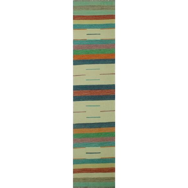 slide 2 of 8, Hand-Woven Winchester Kilim Wait Ivory/Blue Runner - 2'11" x 12'9"