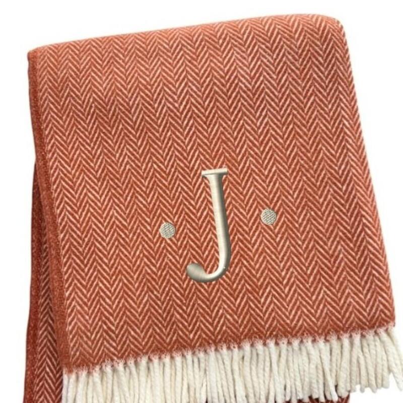 HomeRoots 55" X 70" Terra Cotta And White Herringbone Cotton Blend J Throw Blanket with Tassels And Embroidery
