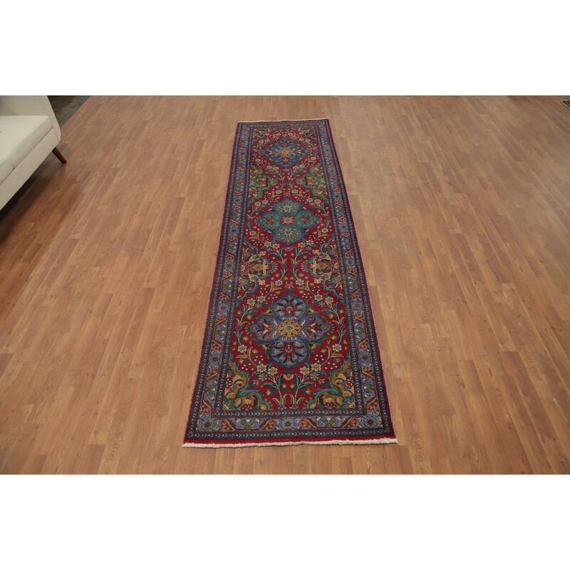 Hand Knotted Oriental 100% Wool Carpet Traditional Floral Red Tabriz Runner Rug - 11' 1'' X 3' 1''
